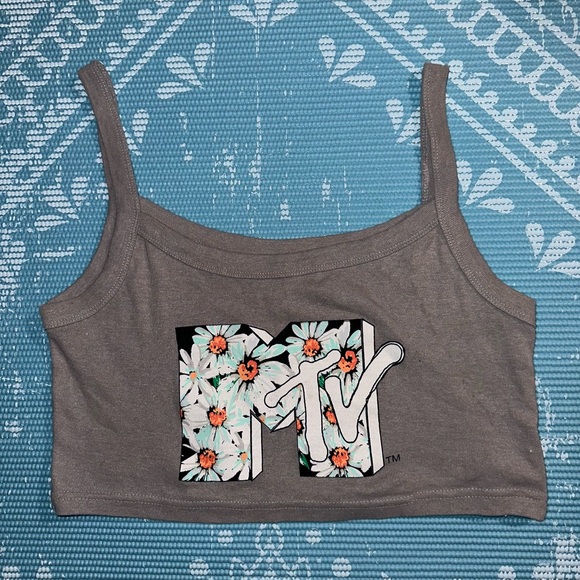 Grey Floral MTV Cropped Tank Top - Picture 1 of 5